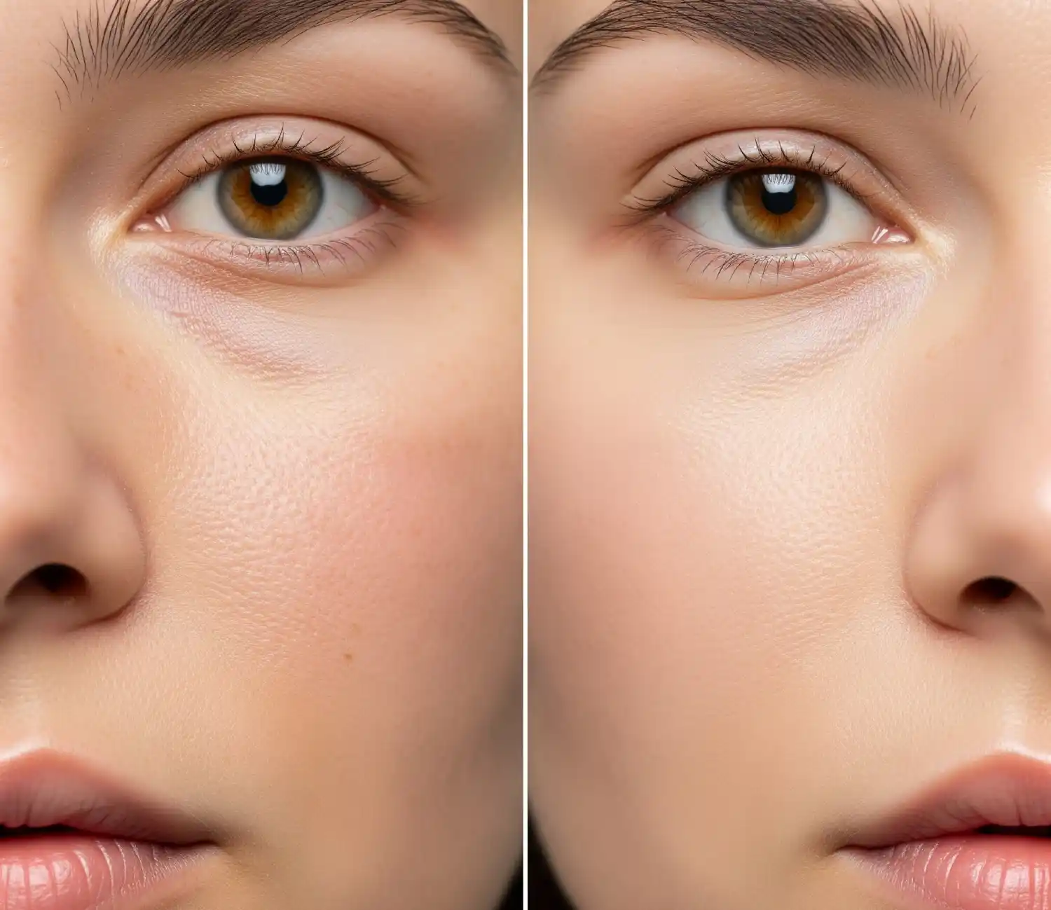 Porównanie skóry twarzy przed i po zabiegu wodorowego oczyszczania - widoczne wygładzenie i wyrównanie kolorytu.