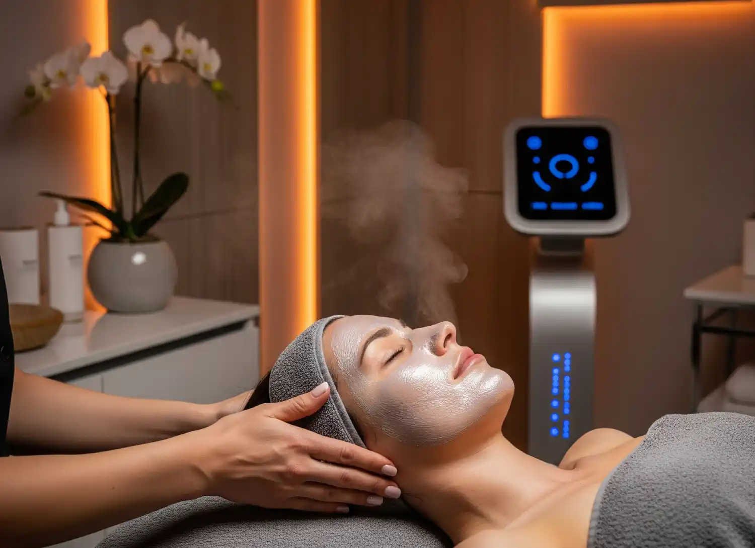 Kobieta relaksująca się podczas bezinwazyjnego zabiegu na twarz w nowoczesnym gabinecie.